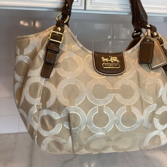 COACH Bag Purse Handbag Madison Abigail Op Art Lurex Gold & Leather Lg. Satchel - Picture 3 of 15